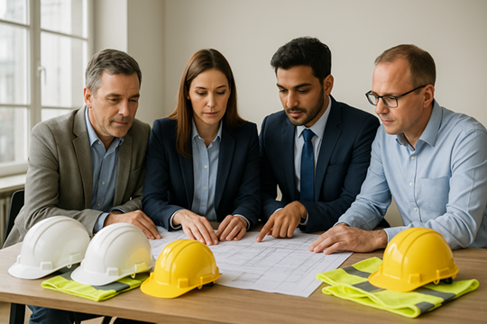 Equipo técnico de MAQ INGENIERÍA revisando planos