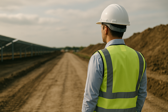 Ingeniero de campo supervisando obra civil o parque solar